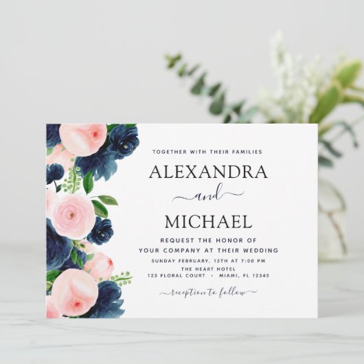 Brouwerij Navy Blue Blush Pink Elegant Floral Kaart (Staand voorkant)