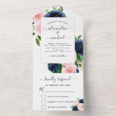 Brouwerij Navy Blue Blush Pink Floral RSVP All In One Uitnodiging (Binnen)
