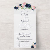 Brouwerij Navy Blue Blush Pink Floral RSVP All In One Uitnodiging (Binnen)