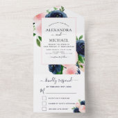 Brouwerij Navy Blue Blush Pink Floral RSVP All In One Uitnodiging (Binnen)