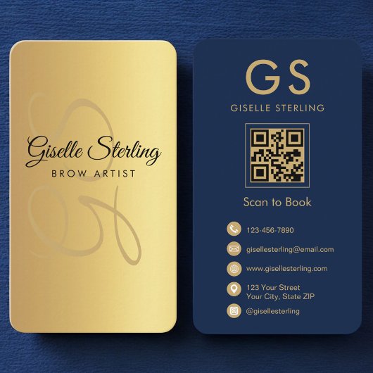 Brow Artiest Gold Navy Blue QR Code Monogram Visitekaartje