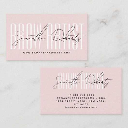 Brow artist modern typography script blush pink visitekaartje (Voorkant / Achterkant)