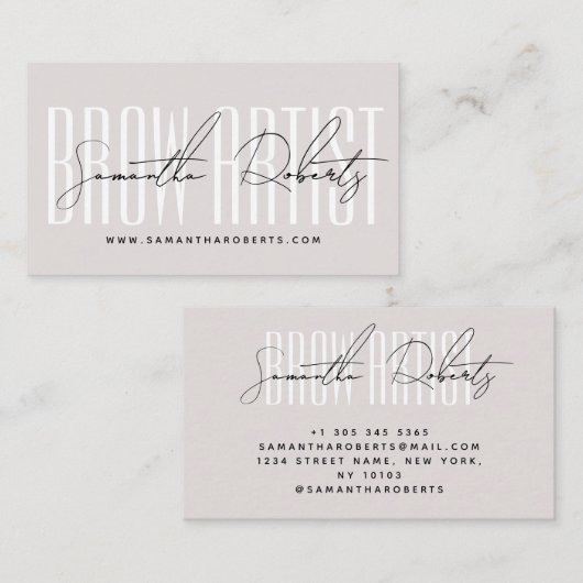 Brow artist modern typography script pink pearl visitekaartje (Voorkant / Achterkant)