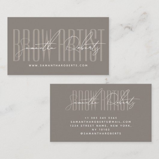 Brow artist modern typography script taupe visitekaartje (Voorkant / Achterkant)