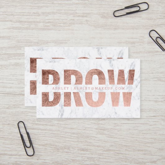 Brow cut out faux roos gold typografie marmer visitekaartje (Voorkant / Achterkant in situ)