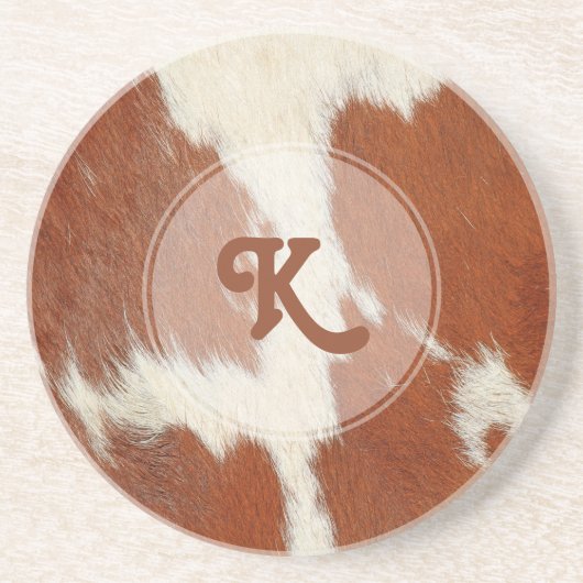 Brow en wit realistisch uiterlijk koeienhuid monog zandsteen onderzetter (Voorkant)