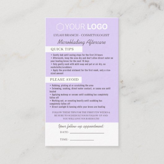 Brow Microblading Aftercare & Appointherinnering Visitekaartje (Voorkant)