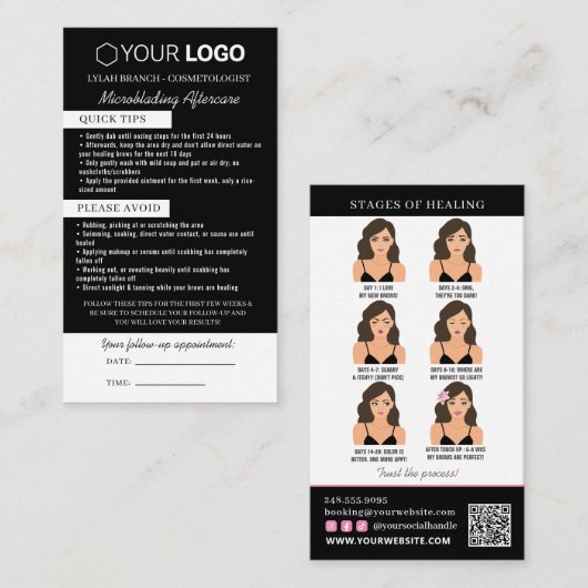 Brow Microblading Aftercare & Appointherinnering Visitekaartje (Voorkant / Achterkant)