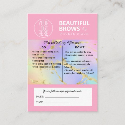 Brow Microblading Aftercare & Appointmarmer Visitekaartje (Voorkant)