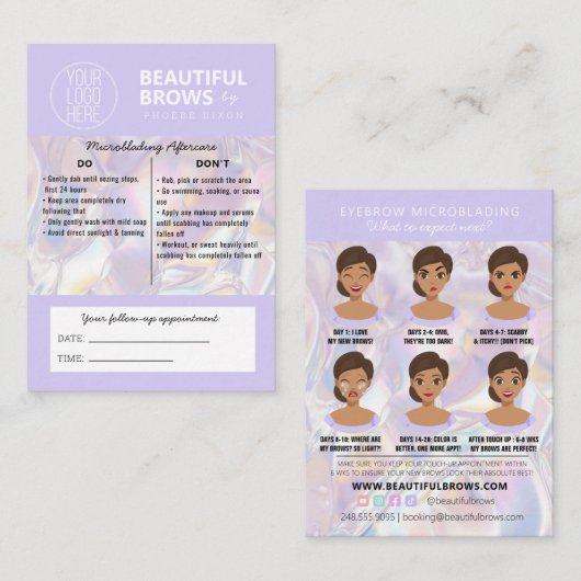 Brow Microblading Aftercare Crystal Holographic Visitekaartje (Voorkant / Achterkant)