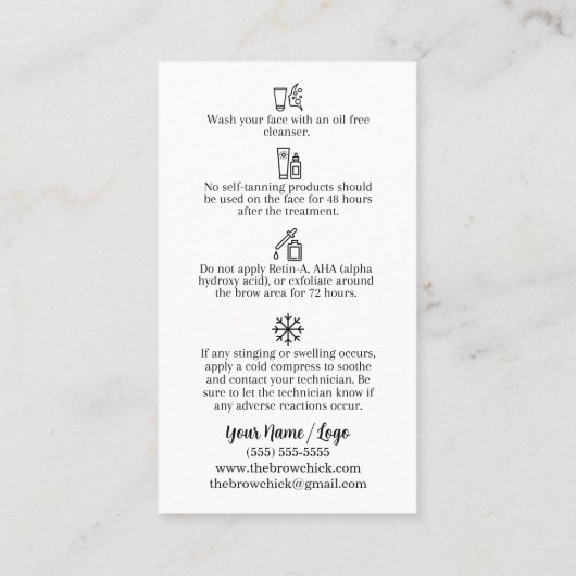 Brow Tint + Lamineren Nazorg Kaarten Visitekaartje (Achterkant)