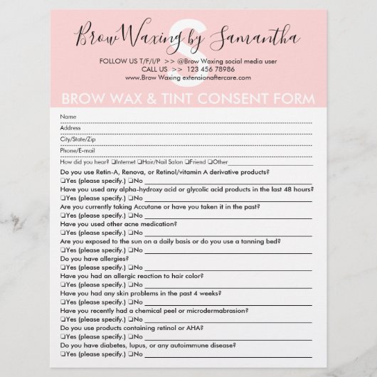 Brow Wax and Tint Customer Consent Waiver Form Flyer (Voorkant)