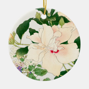 Browallia & Hibiscus Flowers - Japans houtblok, Keramisch Ornament