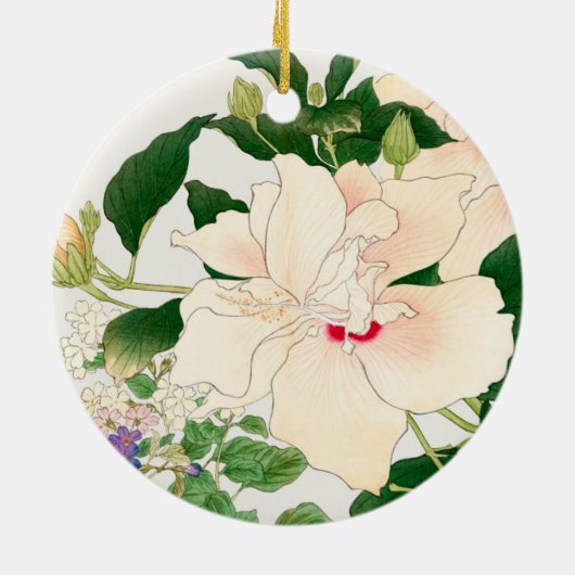 Browallia & Hibiscus Flowers - Japans houtblok, Keramisch Ornament (Achterkant)
