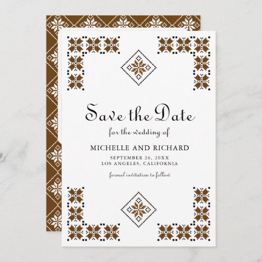 Brown and Black Ukrainian Embroidery Wedding Save The Date (Voorkant / Achterkant)