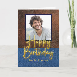 Brown and Blue leather Gold Script Uncle Birthday Kaart