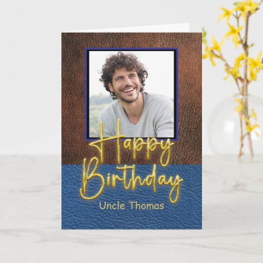 Brown and Blue leather Gold Script Uncle Birthday Kaart (Gele Bloem)
