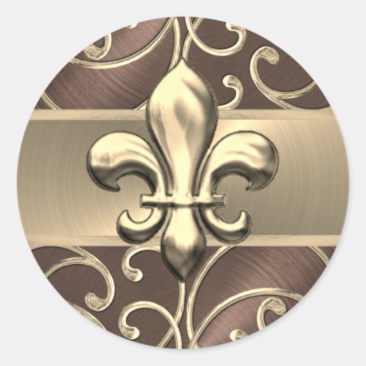 Brown and Gold Filigree Swirls Fleur de Lis Ronde Sticker (Voorkant)