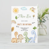 Brown And Green Dinosaur Three Rex 3rd Birthday  Kaart (Staand voorkant)