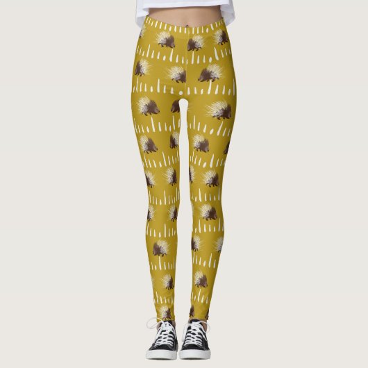 Brown and Mustard Gold Porcupine Patterned Leggings (Voorkant)