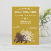 Brown and Mustard Porcupine Birthday Party Kaart (Staand voorkant)