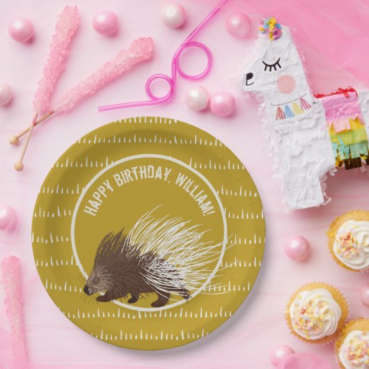 Brown and Mustard Porcupine Birthday Party Papieren Bordje (Feest)