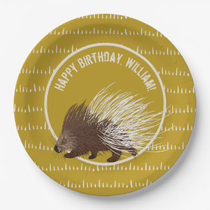 Brown and Mustard Porcupine Birthday Party Papieren Bordje