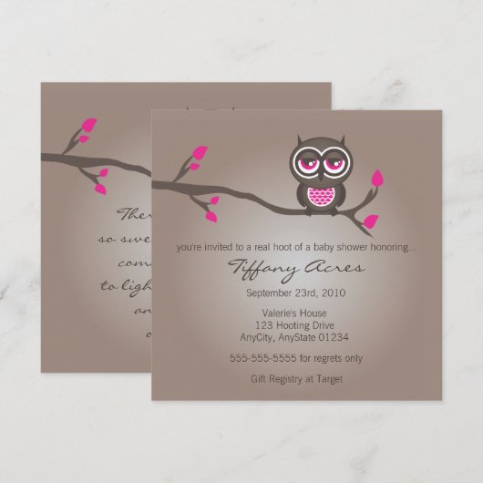 Brown and Pink Owl Baby shower Invitation Kaart (Voorkant / Achterkant)