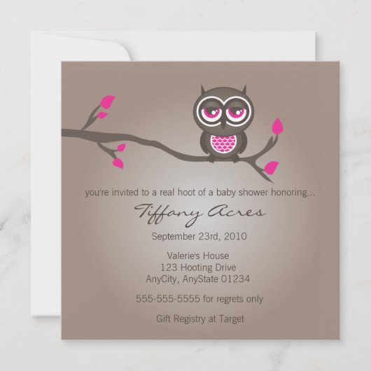 Brown and Pink Owl Baby shower Invitation Kaart (Voorkant)