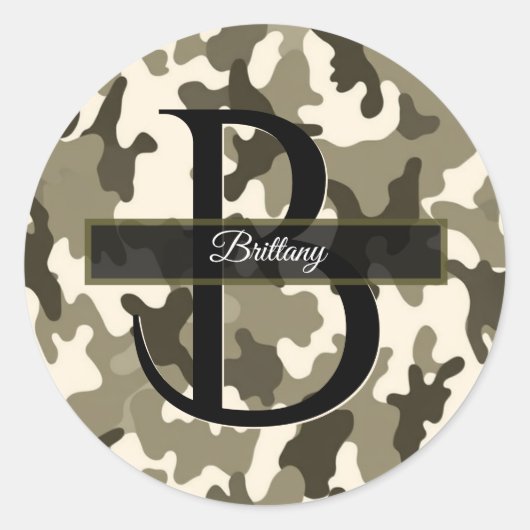 Brown and Tan Camouflage Monogram Ronde Sticker (Voorkant)