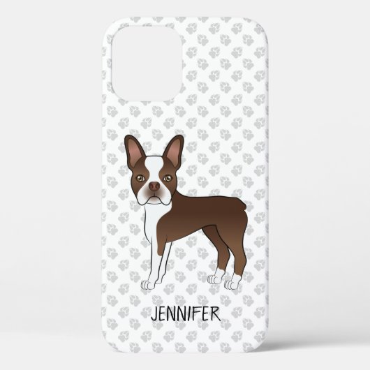 Brown and White Boston Terrier Cartoon Dog & Name Case-Mate iPhone Case (Achterkant)