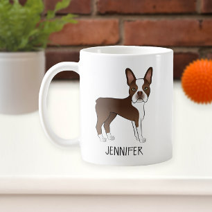 Brown and White Boston Terrier Cartoon Dog & Name Koffiemok