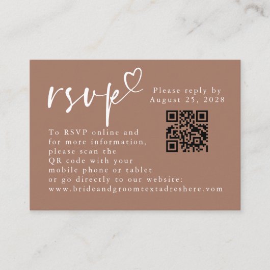 Brown and White Modern Minimalist Wedding QR RSVP Informatiekaartje (Voorkant)