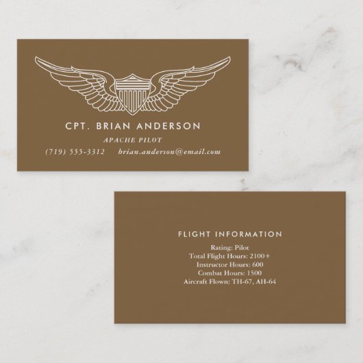 Brown Army Aviator Pilot Wings Visitekaartje (Voorkant / Achterkant)