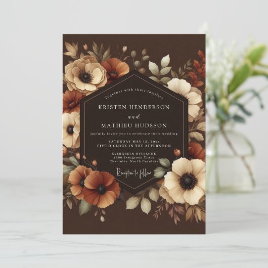 Brown Autumn Bloom Wedding Kaart (Staand voorkant)