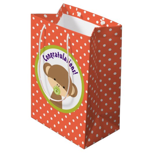 Brown Baby Monkey met Pacifier Gefeliciteerd Medium Cadeauzakje (Achterkant Gekanteld)