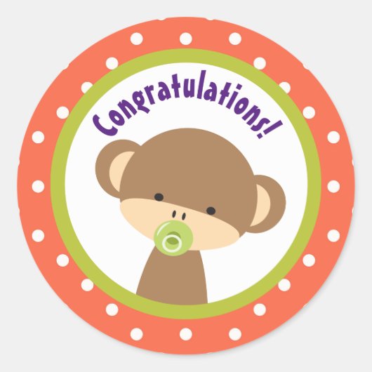 Brown Baby Monkey met Pacifier Gefeliciteerd Ronde Sticker (Voorkant)