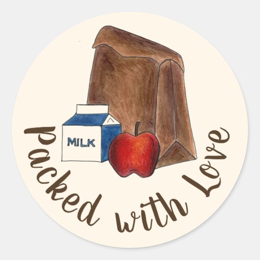Brown Bag School Lunch verpakt met Love Ronde Sticker (Voorkant)