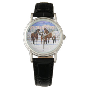 Brown Bay Appaloosa-paarden in sneeuw Horloge