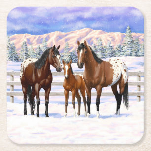 Brown Bay Appaloosa-paarden in sneeuw Kartonnen Onderzetters