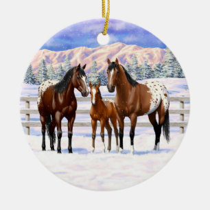 Brown Bay Appaloosa-paarden in sneeuw Keramisch Ornament