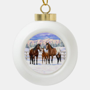 Brown Bay Appaloosa-paarden in sneeuw Keramische Bal Ornament