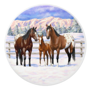 Brown Bay Appaloosa-paarden in sneeuw Keramische Knop