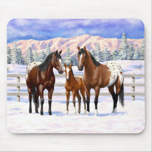 Brown Bay Appaloosa-paarden in sneeuw Muismat