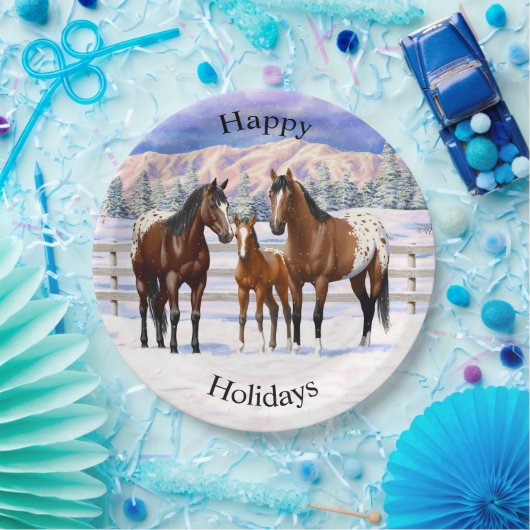 Brown Bay Appaloosa-paarden in sneeuw Papieren Bordje (Feest)