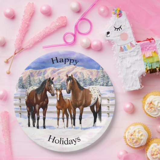 Brown Bay Appaloosa-paarden in sneeuw Papieren Bordje (Feest)
