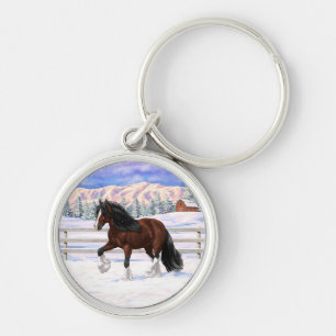Brown Bay Gypsy Vanner Draft Horse In Snow Sleutelhanger