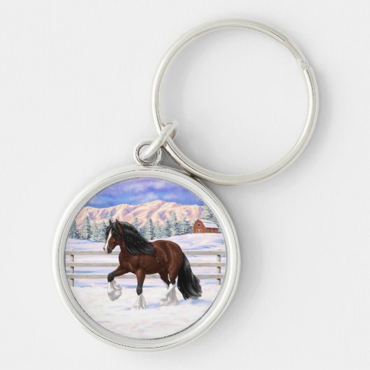 Brown Bay Gypsy Vanner Draft Horse In Snow Sleutelhanger (Voorkant)