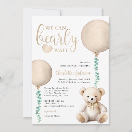 Brown Bearly Wait Baby shower Invitation Kaart (Voorkant)