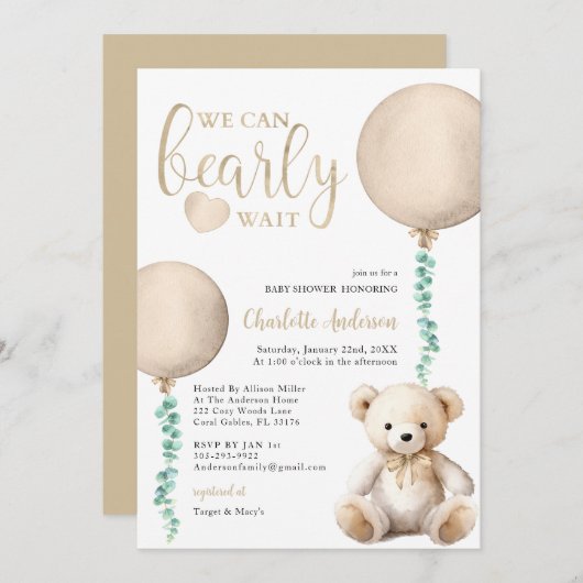 Brown Bearly Wait Baby shower Invitation Kaart (Voorkant / Achterkant)